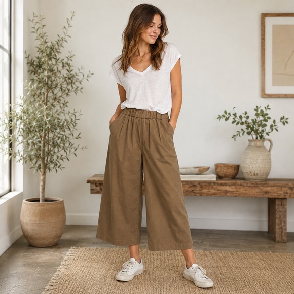Throwing Tiny Fits Pants - Throwing Tiny Fits Khaki Cotton Culotte Pants Wide Leg Cropped Elastic Waist M/L